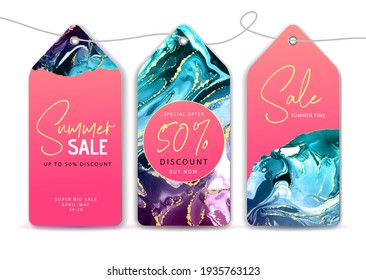 Set of summer big sale  price tags  with Alcohol ink texture. Marble artistic background