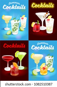 Set summer blue and dark night abstract background poster with fresh ice frozen alcoholic cocktails  advertising business bar restaurant party beach club Modern vector illustration.