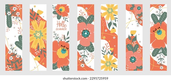 Set summer bookmarks. Hello summer. Summer flowers, leaves on white background. Banners, flyers, posters, postcards. 