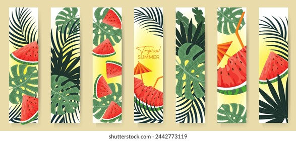 Set summer bookmarks with watermelon slice and tropical leaves. Design for banner, greeting card, poster, cover and other various products.