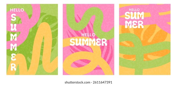 Set of summer bright abstract backgrounds with wavy shapes and lines. Templates for celebration, branding, banner, cover, label. Vector.