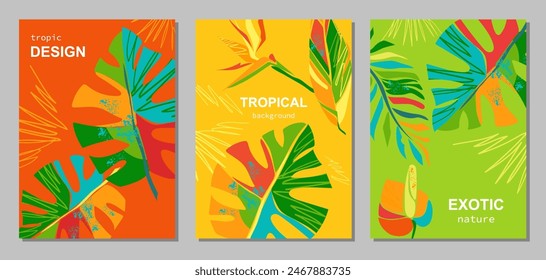 Set of summer bright cards with abstract tropical leaves. Monstera leaves, palm trees, tropical flowers. In a modern minimalist style. Template for ad, banner, cover, label, poster, sales. Vertical 