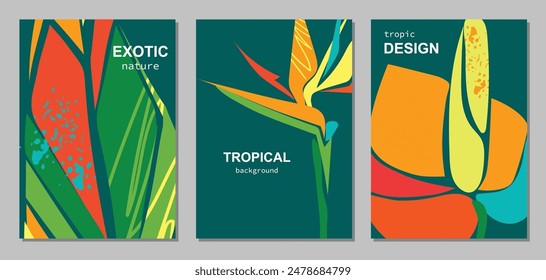 Set of summer bright cards with abstract tropical flowers and leaves. Modern art minimalist style. Template for ad, banner, cover, label, poster, sales. Vertical vector.