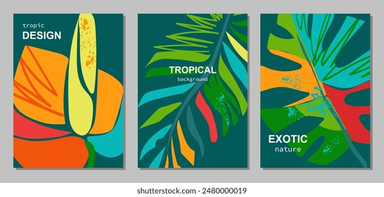 Set of summer bright cards with abstract tropical leaves and flower. Palm leaves, monsters, anthurium flower. Modern art minimalist style. Template for ad, banner, cover, branding, poster, sales.