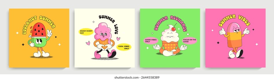 Defina cartões brilhantes de verão com personagens de sorvete, engraçado verão comida-sundae, gelato com emoções diferentes. Feliz doce kawaii sorrindo delicadeza. Modelo para saudação,cartaz,folheto, folheto, web.Vetor