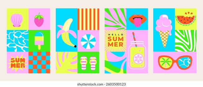 Set of summer bright flyers in square tile style with simple shapes and symbols of hot season-watermelon,ice cream,lemonade,sea,tropical leaves pattern,strawberry.Template for posters,web,print.Vector