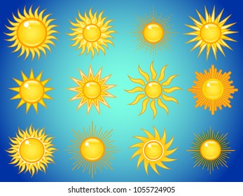 Set of summer bright shining sun symbols in the blue sky. Icon vector collection.