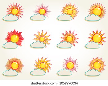 Set of summer bright shining sun and cloud symbols in the sky, isolated over white. Icon vector collection.