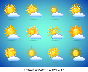 Set of summer bright shining sun symbols in the blue sky. Icon vector collection.