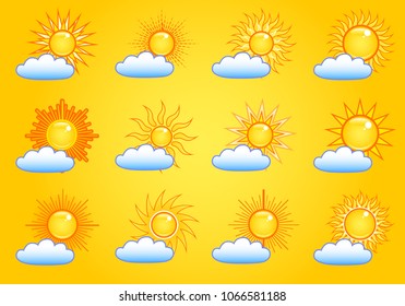 Set of summer bright shining sun and cloud symbols in the yellow sky. Icon vector collection.