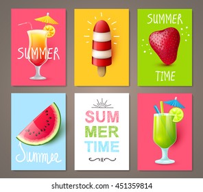 Set of summer brochures with fruits,berries, cocktails and ice cream. Vector templates.