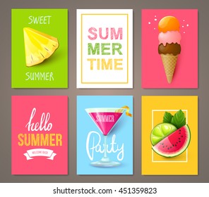 Set of summer brochures with fruits,berries, cocktails and ice cream. Vector templates.