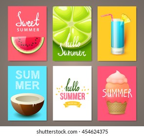 Set of summer brochures with fruits,berries, cocktails and ice cream. Vector templates.