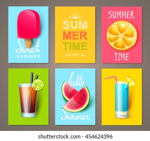 Set of summer brochures with fruits,berries, cocktails and ice cream. Vector templates.