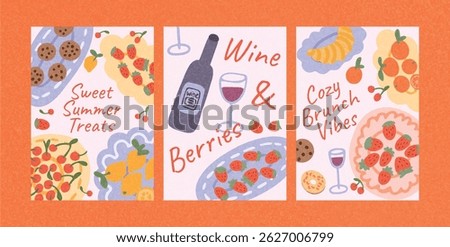 Set of summer brunch posters with wine, cookies, croissant, cherry tart, strawberry, citrus fruits on pastel background. Sweet picnic drinks and desserts. Flat vector illustration.