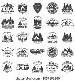 Set of Summer camp badges with design element. Vector. Concept for shirt or print, stamp or tee. Vintage design with rv trailer, camping tent, campfire, bear, man with guitar and forest silhouette.