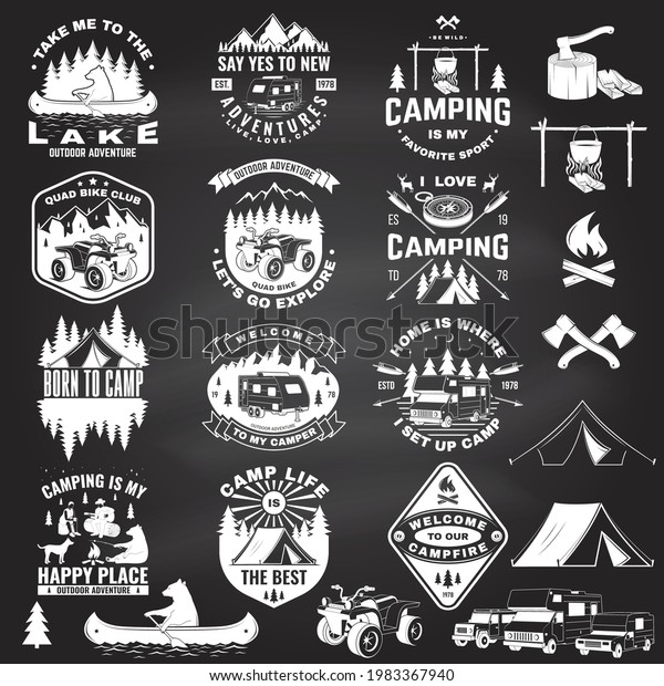 Set of summer camp badges with design element on the\
chalkboard. Vector. Concept for shirt or logo, print, stamp or\
tee.