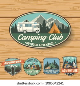 Set Of Summer Camp Badges On The Wood Board. Vector. Concept For Shirt , Print, Stamp, Travel Badges Or Tee. Design With Rv Trailer, Camping Tent, Campfire, Pot On The Fire, Axe And Forest Silhouette