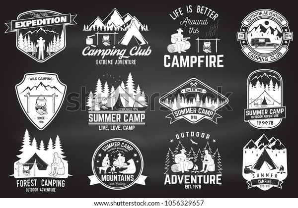 Set of Summer camp badges on the chalkboard.\
Vector. Concept for shirt , print, stamp or tee. Vintage design\
with rv trailer, camping tent, campfire, bear, man with guitar and\
forest silhouette.