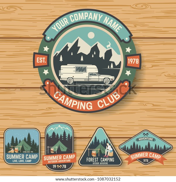 Set Summer Camp Badges On Wood Stock Vector Royalty Free 1087032152