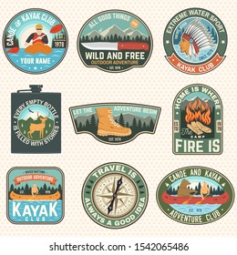 Set of Summer camp badges, patches. Vector illustration. Concept for shirt or logo, print, stamp, patch or tee. Design with campfire, knife, hiking boots, canoe or kayak and forest silhouette