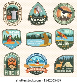 Set of Summer camp badges, patches. Vector illustration. Concept for shirt or logo, print, stamp, patch or tee. Design with coffee, camping tent, campfire, bear, canoe or kayak and forest silhouette