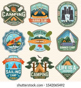 Set of Summer camp badges, patches. Vector illustration. Concept for shirt or logo, print, stamp, patch. Design with camping tent, campfire, knife, binoculars, canoe or kayak and forest silhouette