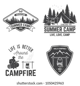 Set of Summer camp badges. Vector illustration. Concept for shirt or logo, print, stamp or tee. Vintage typography design with camper tent, pot on the fire, axe and mountain silhouette.