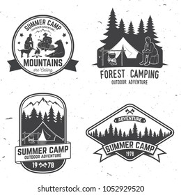 Set of Summer camp badges. Vector illustration. Concept for shirt or logo, print, stamp or tee. Vintage typography design with camper tent, pot on the fire, axe and mountain silhouette.