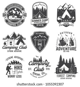 Set of Summer camp badges. Vector. Concept for shirt or logo, print, stamp or tee. Vintage typography design with rv trailer, camping tent, campfire, bear, man with guitar and forest silhouette.