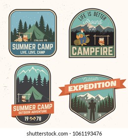 Set of Summer camp badges. Vector. Concept for shirt , print, stamp or tee. Vintage typography design with rv trailer, camping tent, campfire, pot on the fire, man with guitar and forest silhouette.