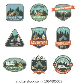 Set of Summer camp badges. Vector. Concept for shirt , print, stamp, travel badges or tee. Vintage typography design with rv trailer, camping tent, campfire, pot on the fire, axe and forest silhouette