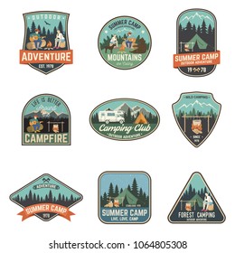 Set of Summer camp badges. Vector. Concept for shirt , print, stamp, travel badges or tee. Vintage typography design with rv trailer, camping tent, campfire, pot on the fire, axe and forest silhouette