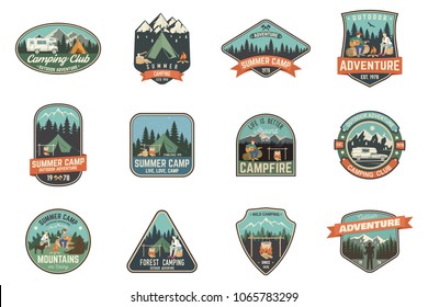 Set Of Summer Camp Badges. Vector. Concept For Shirt , Print, Stamp, Travel Badges Or Tee. Vintage Typography Design With Rv Trailer, Camping Tent, Campfire, Pot On The Fire, Axe And Forest Silhouette