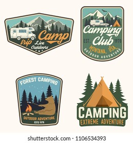 Set of Summer camp badges. Vector illustration. Concept for shirt or logo, print, stamp, patch or tee. Vintage typography design with rv trailer, camping tent, campfire, bear and forest silhouette
