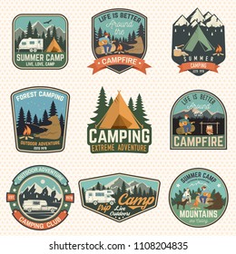 Set of Summer camp badges. Vector. Concept for shirt or logo, print, stamp, patch or tee. Vintage typography design with rv trailer, camping tent, campfire, bear, man with guitar and forest silhouette