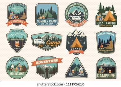 Set of Summer camp badges. Vector. Concept for shirt or logo, print, stamp, patch or tee. Vintage typography design with rv trailer, camping tent, campfire, bear, man with guitar and forest silhouette