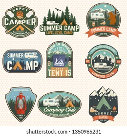 Set of Summer camp badges. Vector. Concept for shirt or logo, print, stamp, patch or tee. Vintage typography design with rv trailer, camping tent, campfire, bear, marshmallow axe and forest silhouette