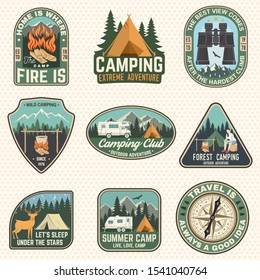 Set of Summer camp badges. Vector illustration. Concept for shirt or logo, print, stamp, patch or tee. Design with compass, camping tent, binoculars, campfire, mountains and forest silhouette.