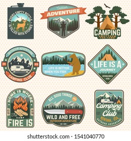 Set of Summer camp badges. Vector illustration. Concept for badge, patch, shirt, logo, print, stamp or tee. Design with fishing bear, knife, mountains, deer, flask and mountains silhouette