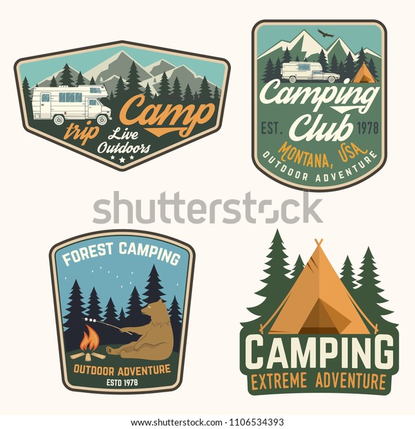 Set of Summer camp badges. Vector\
illustration. Concept for shirt or logo, print, stamp, patch or\
tee. Vintage typography design with rv trailer, camping tent,\
campfire, bear and forest\
silhouette
