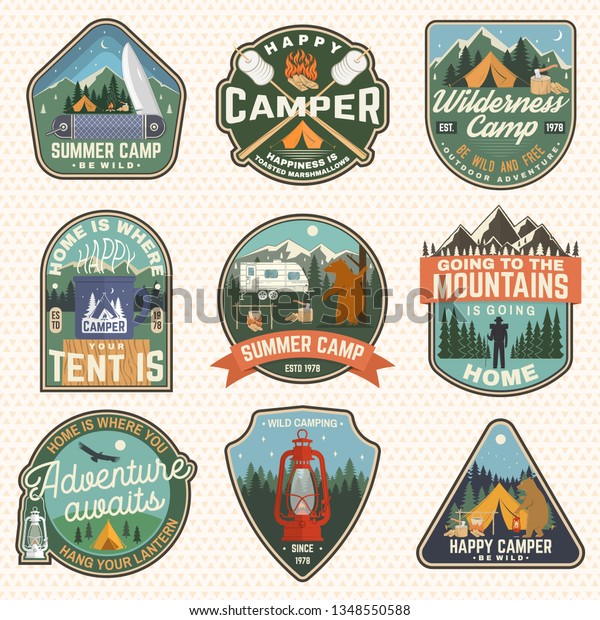 Set of Summer camp badges. Vector. Concept for\
shirt or logo, print, stamp, patch or tee. Vintage typography\
design with rv trailer, camping tent, campfire, bear, marshmallow\
axe and forest silhouette