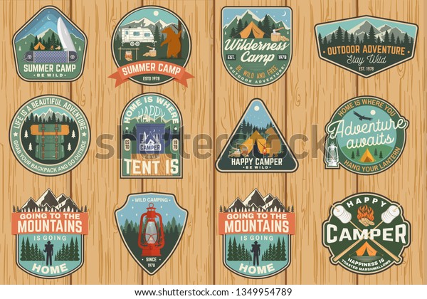 Set of Summer camp badges. Vector. Concept for\
shirt or logo, print, stamp, patch or tee. Vintage typography\
design with rv trailer, camping tent, campfire, bear, marshmallow\
axe and forest silhouette