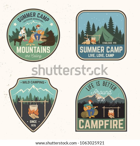 Set of Summer camp badges. Vector.Concept for shirt , print, stamp, travel badges or tee. Vintage design with rv trailer, camping tent, campfire, pot on the fire, man with guitar and forest silhouette