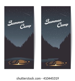 Set of summer camp banners at night with bonfire, axe, tents amid the forest and river or lake, summer background