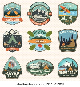 Set of summer camp, canoe and kayak club badges. Vector. Concept for patch, stamp. Retro design with camping, mountain, river, american indian and kayaker silhouette. Extreme water sport kayak patches