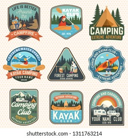 Set Of Summer Camp, Canoe And Kayak Club Badges. Vector. Concept For Patch, Stamp. Retro Design With Camping, Mountain, River, American Indian And Kayaker Silhouette. Extreme Water Sport Kayak Patches