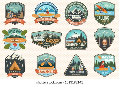 Set of summer camp, canoe and kayak club badges. Vector. Concept for patch, stamp. Retro design with camping, mountain, river, american indian and kayaker silhouette. Extreme water sport kayak patches