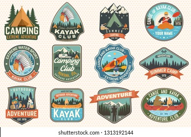 Set of summer camp, canoe and kayak club badges. Vector. Concept for patch, stamp. Retro design with camping, mountain, river, american indian and kayaker silhouette. Extreme water sport kayak patches