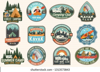 Set of summer camp, canoe and kayak club badges. Vector. For patch, stamp. Design with camping, mountain, river, american indian and kayaker silhouette. Extreme camp and water sport kayak patches